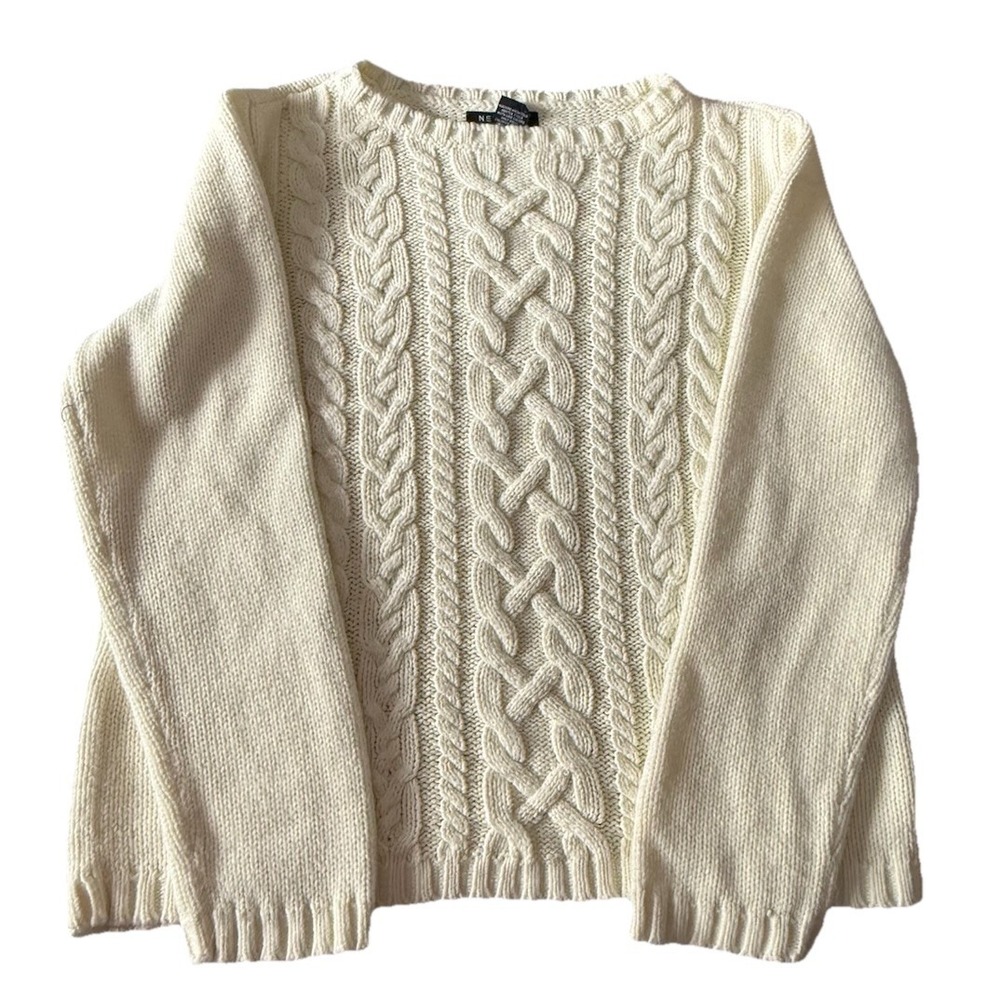 New York & Company Cream Cable Knit Sweater Women's Large Cozy Classic Pullover